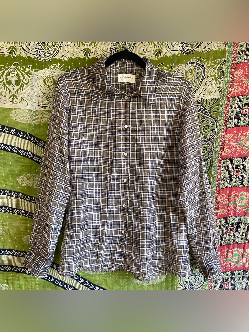 Officine Generale Plaid Iseult Silk/ Cotton Button Down Shirt Small Quiet Luxury
